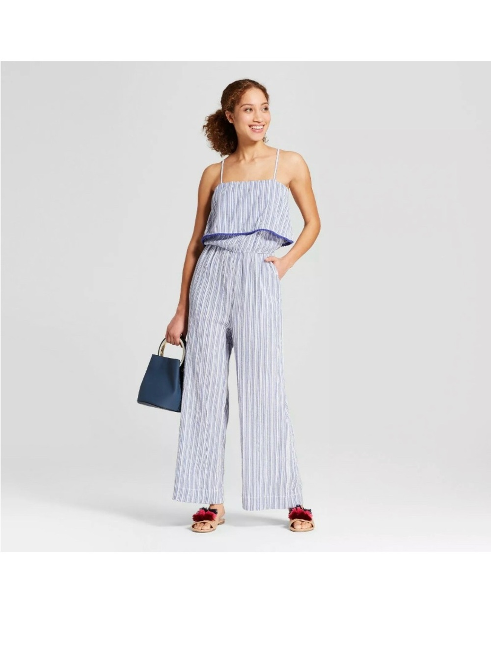 NEW!! Women's Striped Jumpsuit - A New Day Blue/White XL